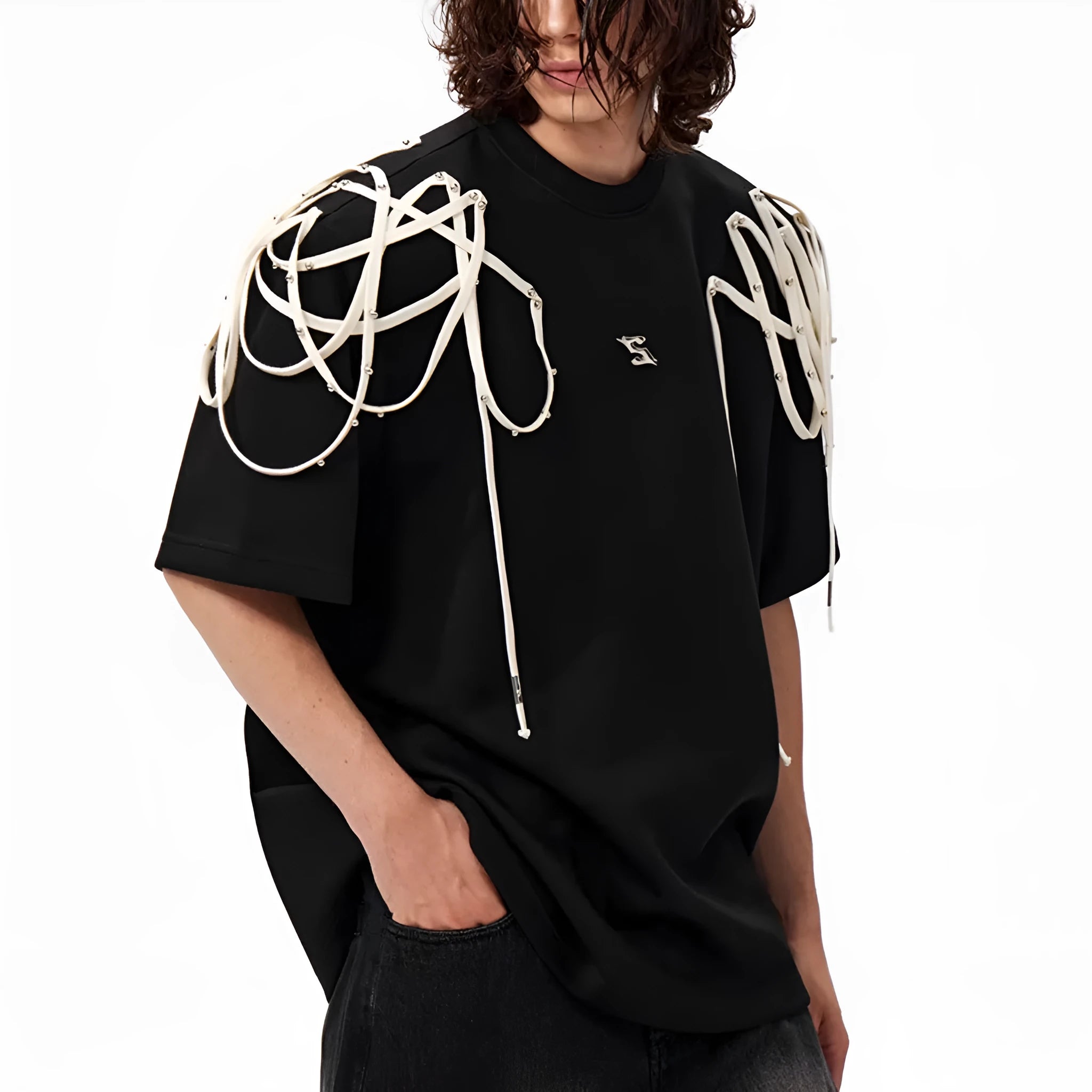 Black loose fit short sleeve T-shirt with rivet ribbon padded shoulder detail