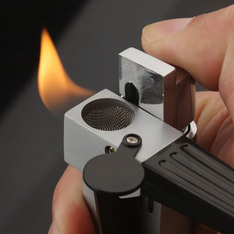 Silver foldable metal pipe lighter shown open, revealing lighter mechanism and small storage compartment.