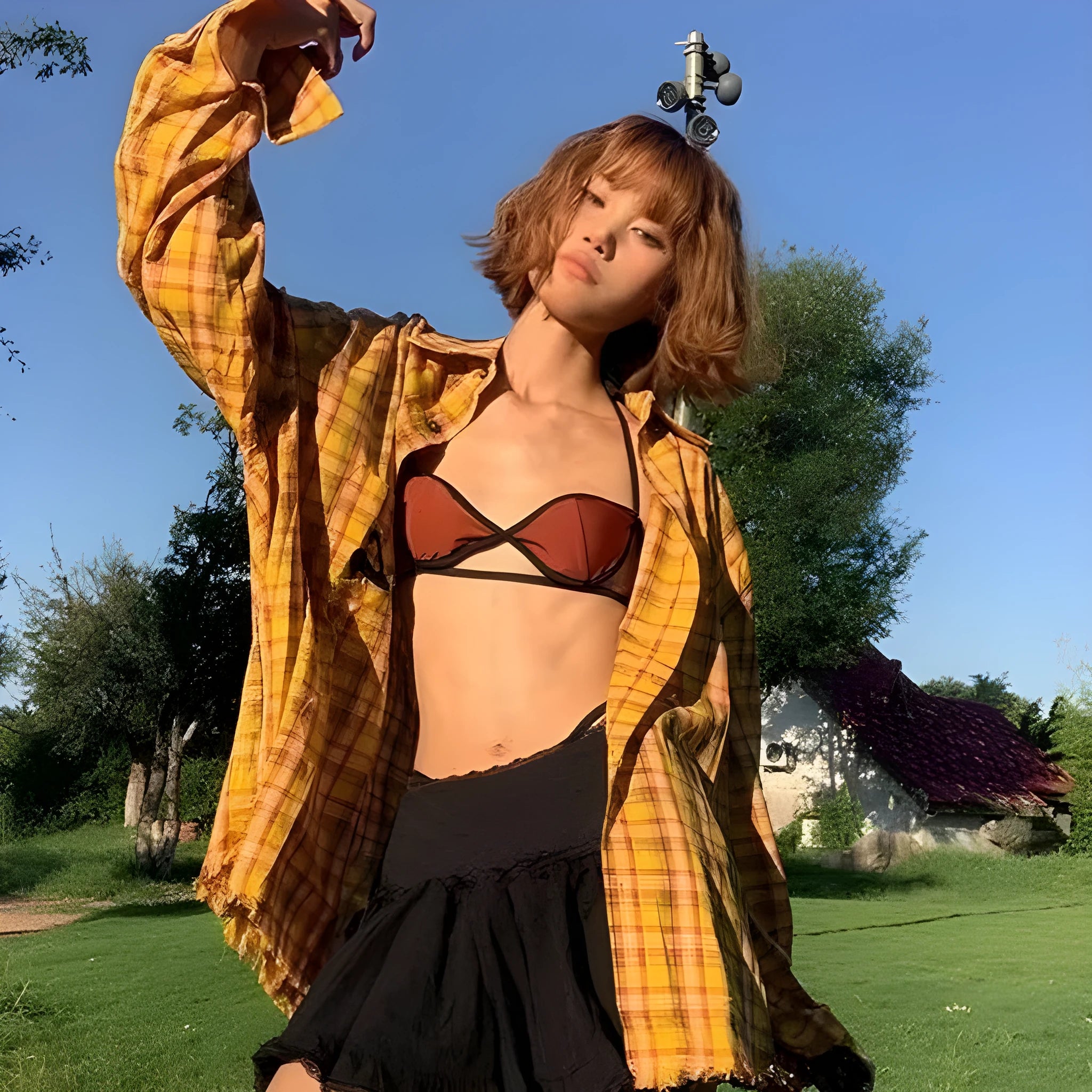 Dopamine yellow plaid loose fit shirt with cardigan styling in chemical fibre blend fabric