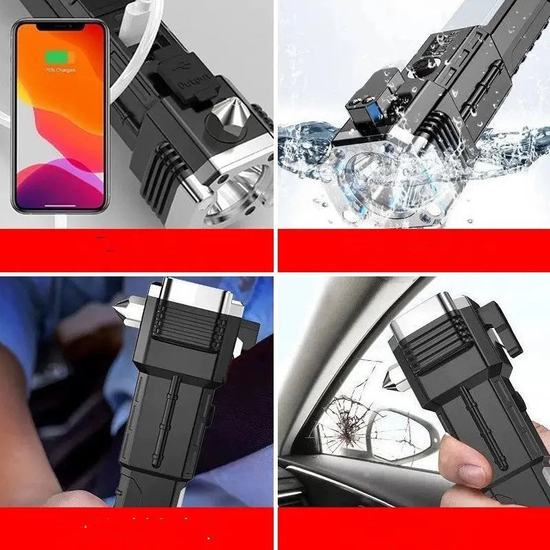 Silver portable flashlight with USB charging port, functioning as a power bank and LED work light.