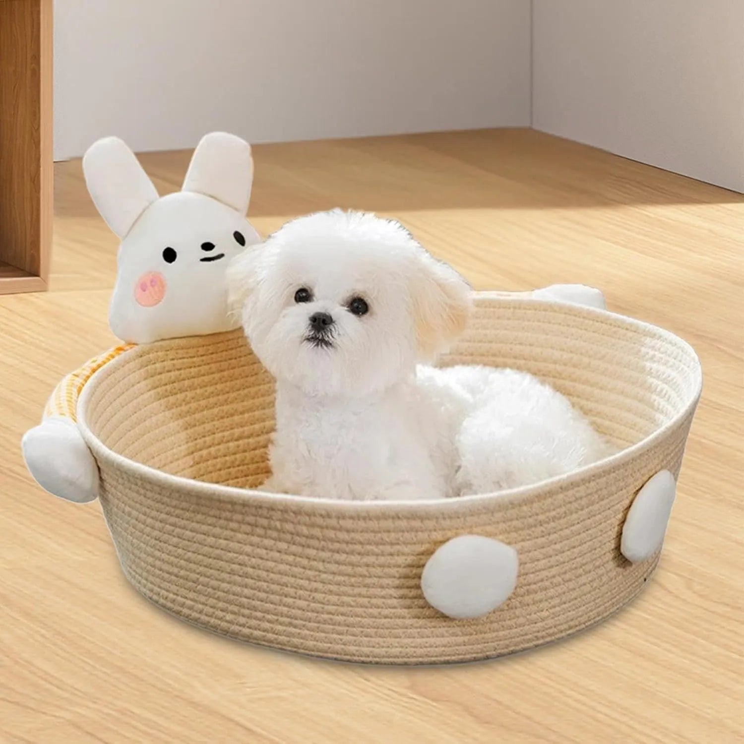 Woven cotton rope cat bed and scratching board in basket shape with bear design