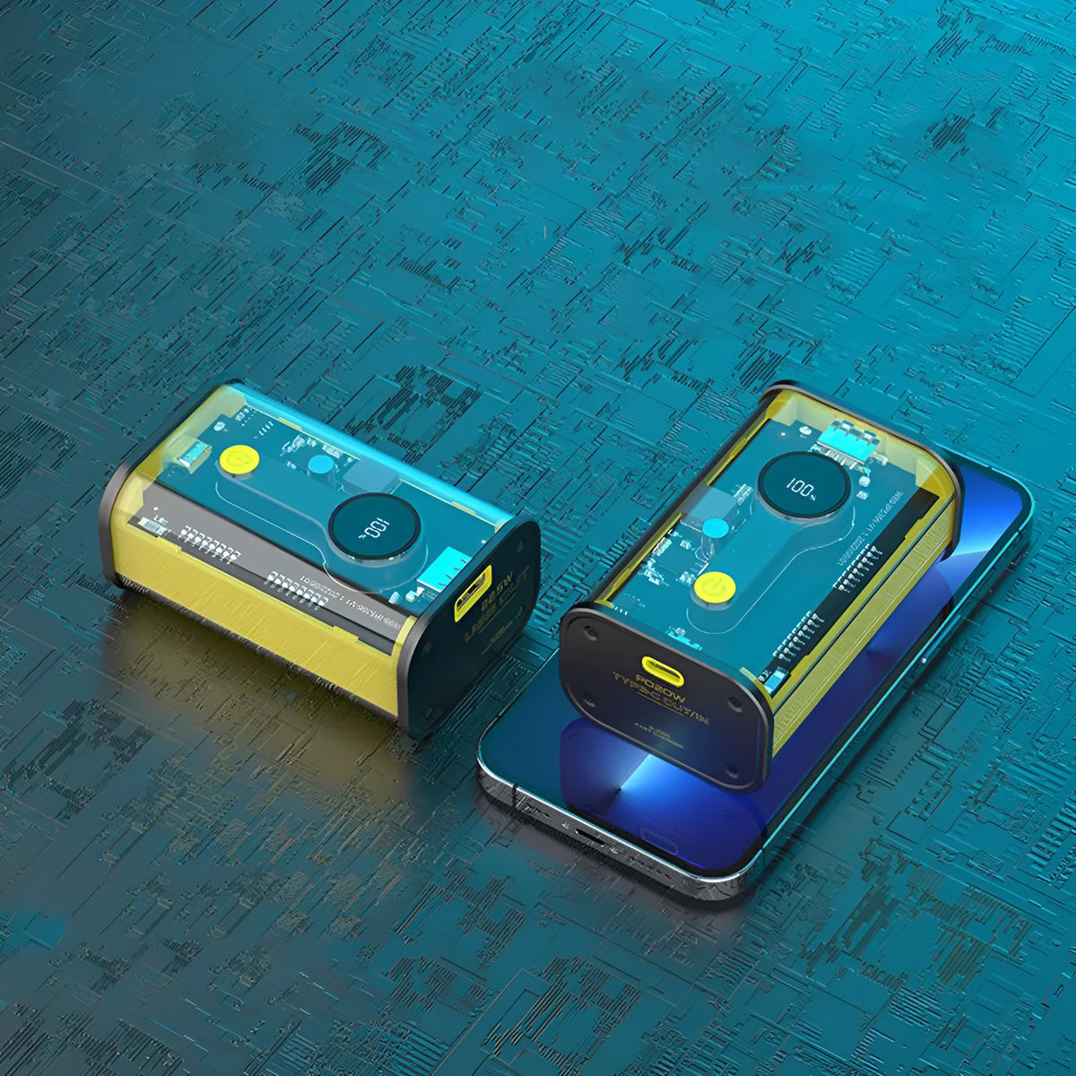 Transparent industrial power bank 10000mAh showing cylindrical aluminum battery cells inside clear plastic case with yellow and black color options