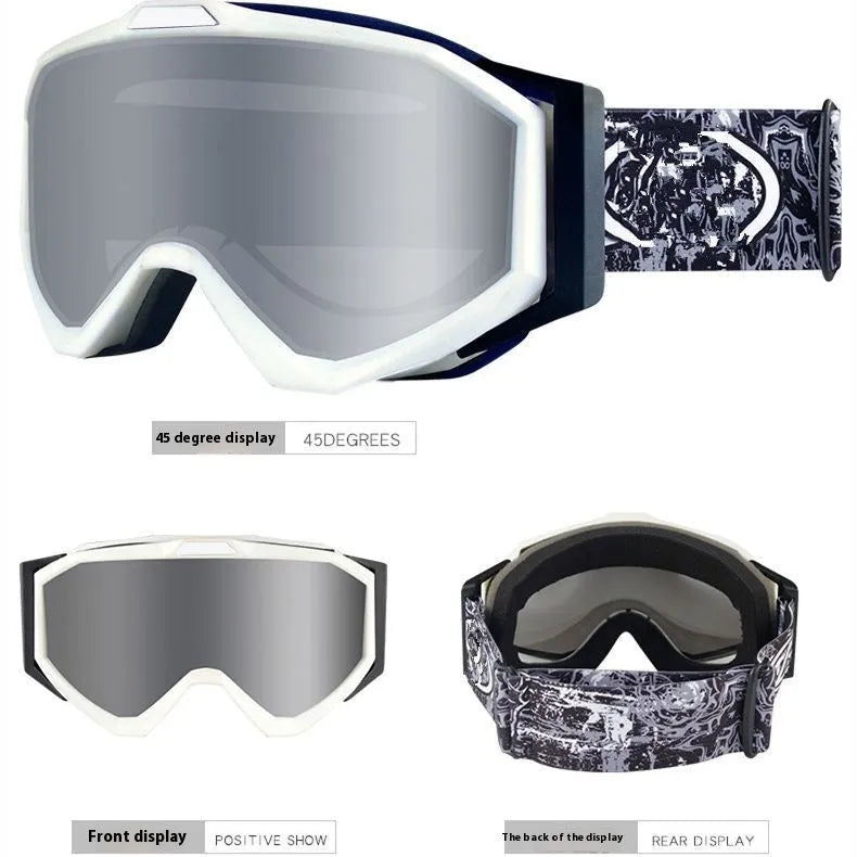 Motorcycle goggles with double layer anti-fog lens in various colour options including black, red and blue frames