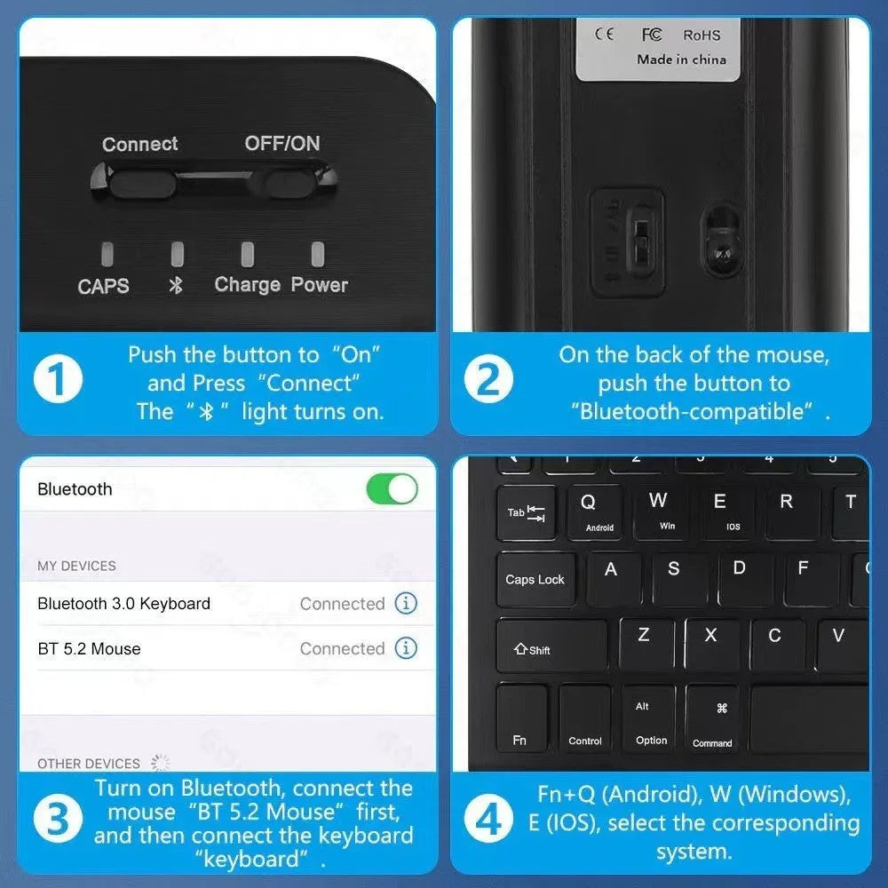 iPad in a black TPU protective case with a connected luminous RGB backlit Bluetooth keyboard on a table.