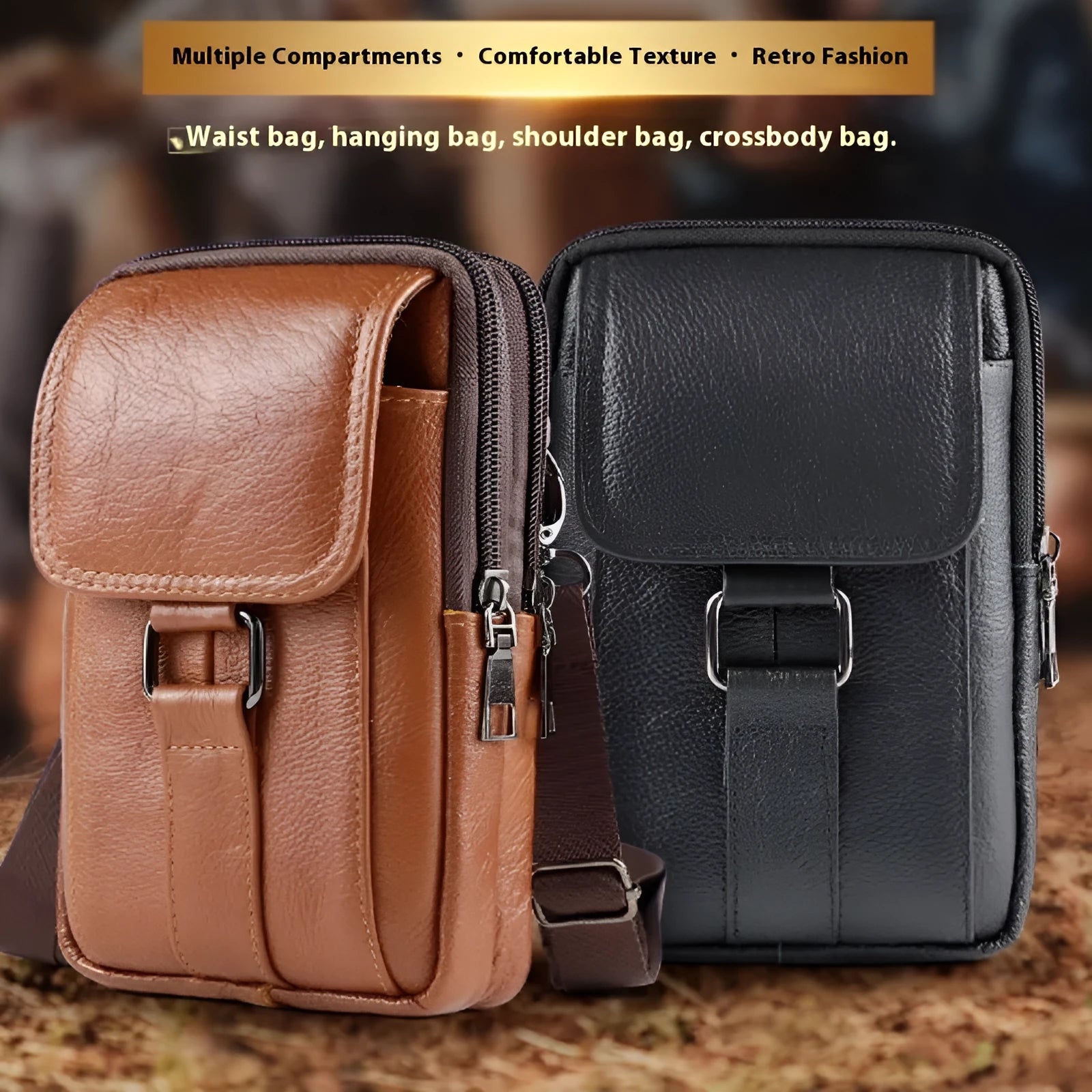 Men's black genuine leather waist bag with lock closure and crossbody strap