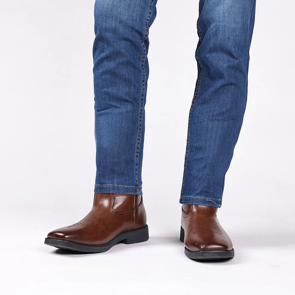 Men's brown high embroidered retro cowboy boots with square toe and horseshoe heel