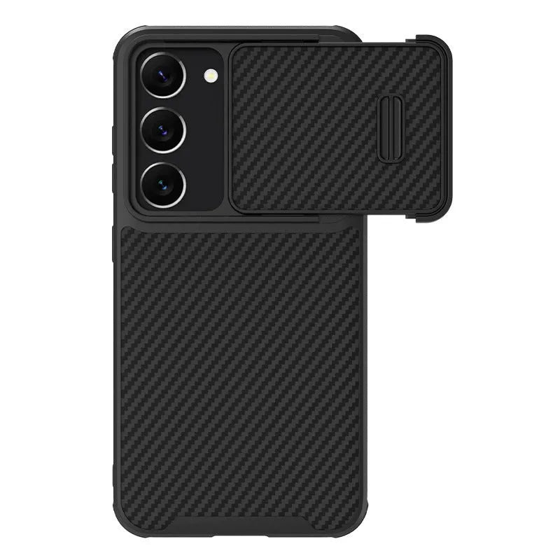Black Samsung S23 Ultra phone case with a flip-up camera lens cover, showing TPU and carbon fibre materials.