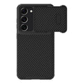 Black Samsung S23 Ultra phone case with a flip-up camera lens cover, showing TPU and carbon fibre materials.
