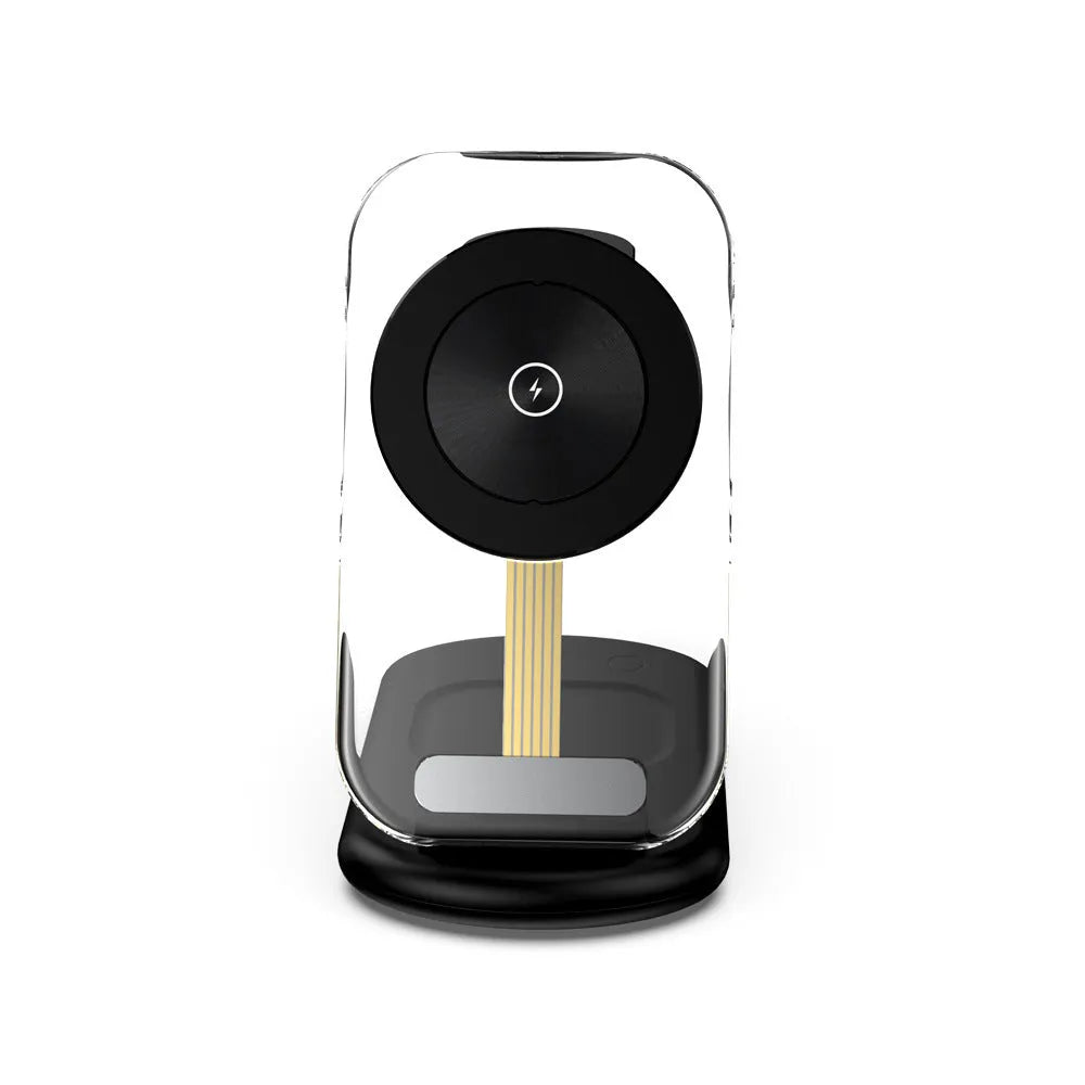 Transparent folding magnetic three-in-one wireless charger in black or white with QC3.0 fast charging