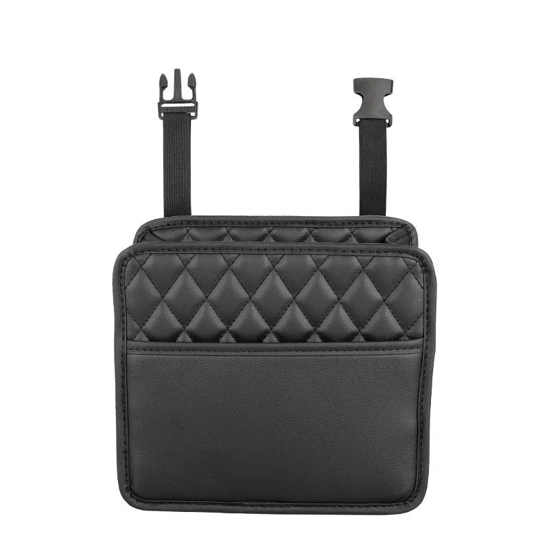 Leather hanging storage bag for car interior, shown in black, mounted on a car seat.