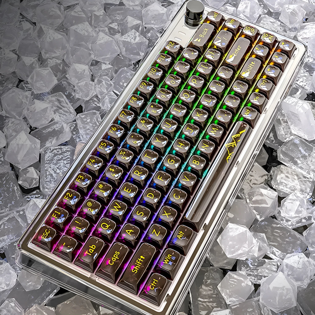 Attack Shark K75 RGB wireless mechanical keyboard with transparent PC case showing internal lighting