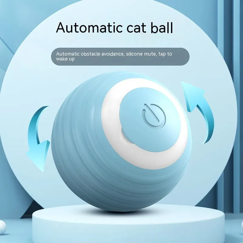 Blue rechargeable automatic moving cat toy ball with USB charging cable for indoor feline play