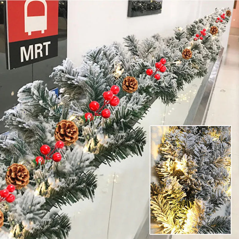 Snow-flocked PVC rattan Christmas decorative vine garland in three lengths.