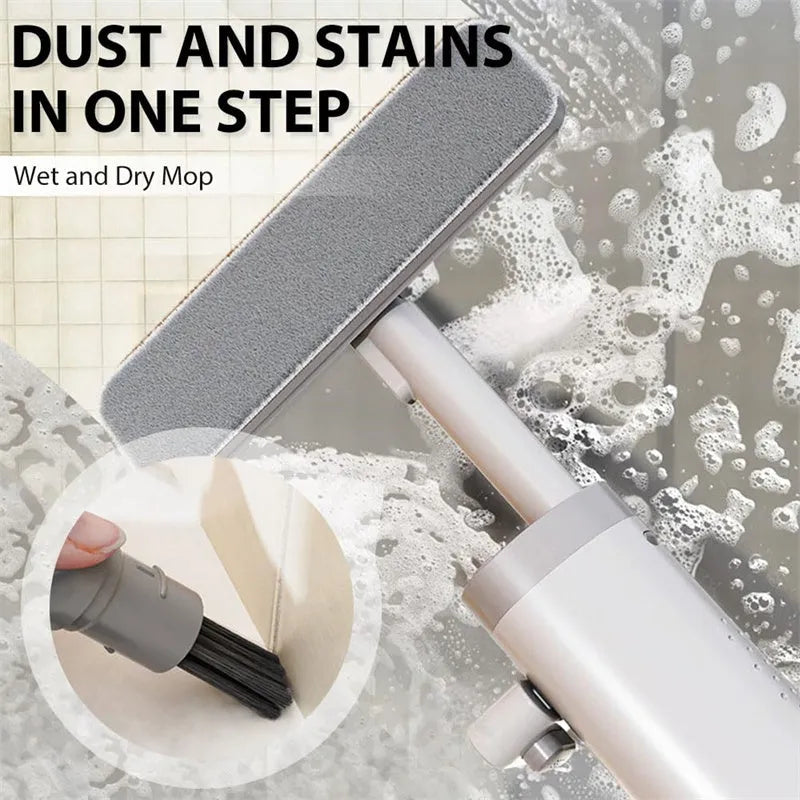 Rotatable self-squeeze mini mop with reusable microfiber pads and crevice brush for wet dry floor cleaning