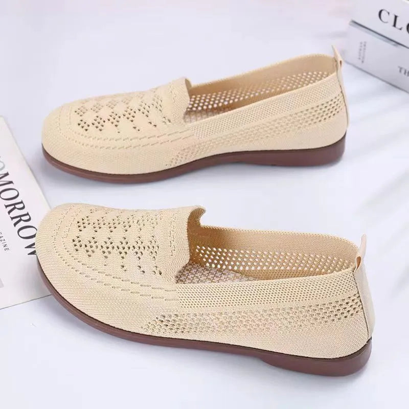 Women's beige mesh tennis shoes with round toe and anti-slip soles for elderly wide feet