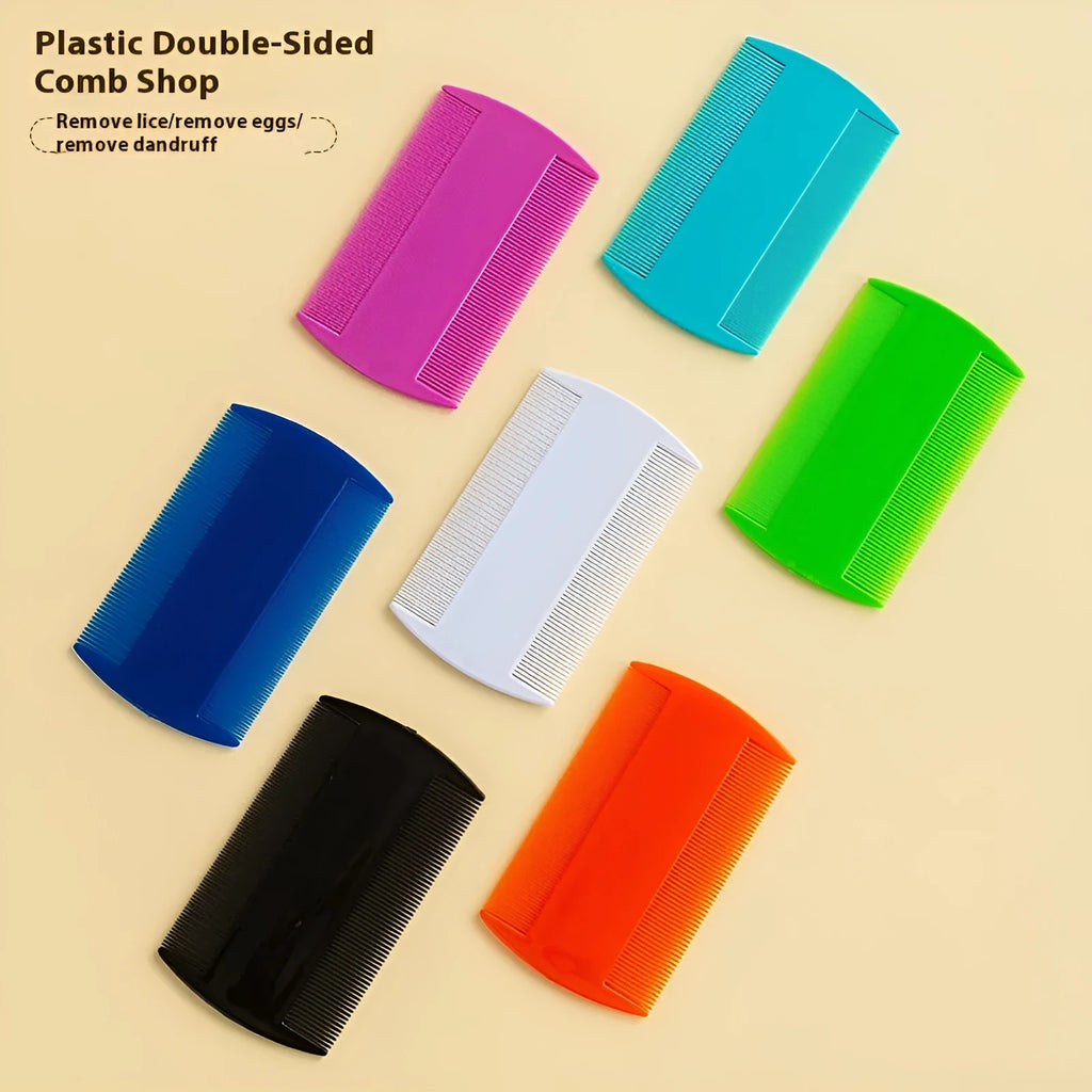 Double-edged fine-toothed plastic lice and flea comb showing front and back, with colour options displayed.