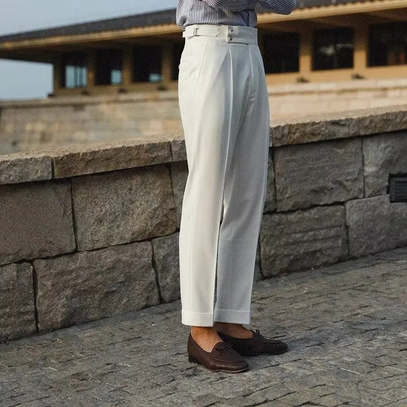 Slim fit straight-leg suit trousers in black, white and apricot colours for business formal occasions