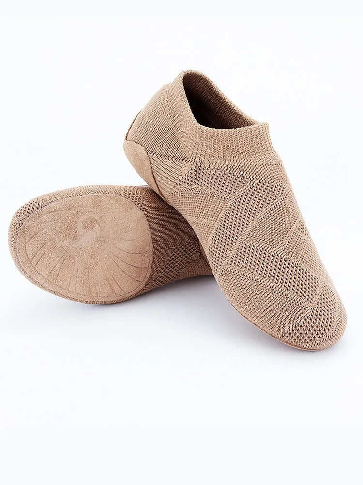 Camel coloured Latin dance shoes with cotton mesh upper and solid colour design.