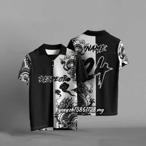 Black loose fit T-shirt with 3D digital printing design and short sleeves