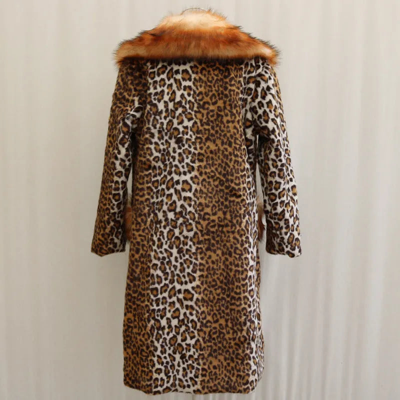 Women's long leopard print artificial fur jacket on a hanger, showing regular sleeves and 80cm length.