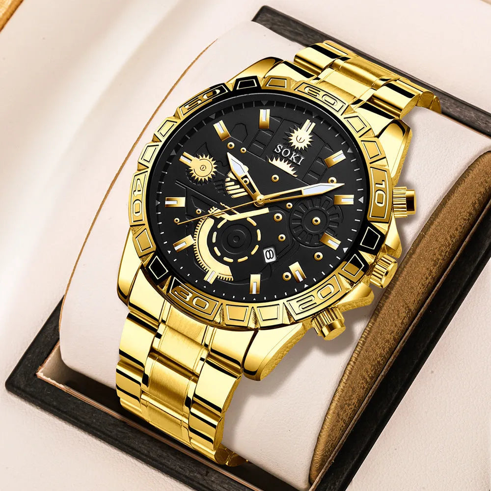 Men's gold-coloured business watch with stainless steel strap showing 10mm thickness profile