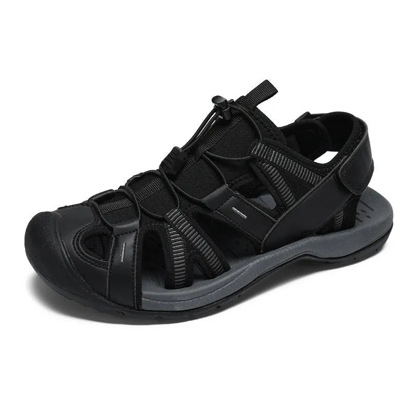 Men's blue summer casual sports shoes with Velcro strap and mesh upper.