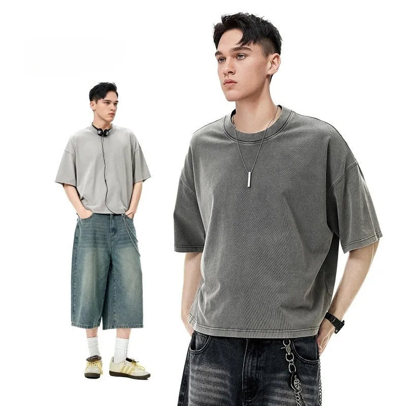 Men's vintage washed cotton T-shirt in loose fit with drop-shoulder sleeves in khaki light colour