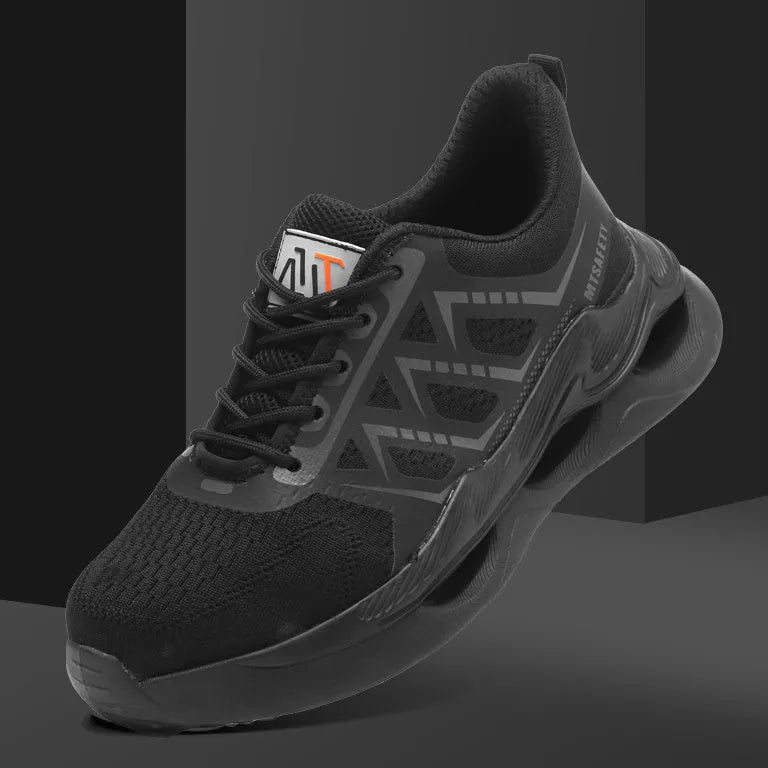 Black steel toe safety shoes with flat knitted uppers and lace-up front