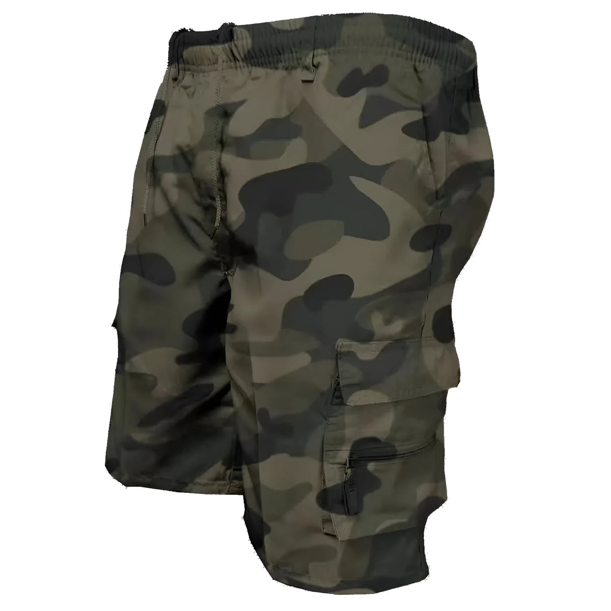 Men's khaki coloured casual shorts with multiple pockets and a drawstring waistband.