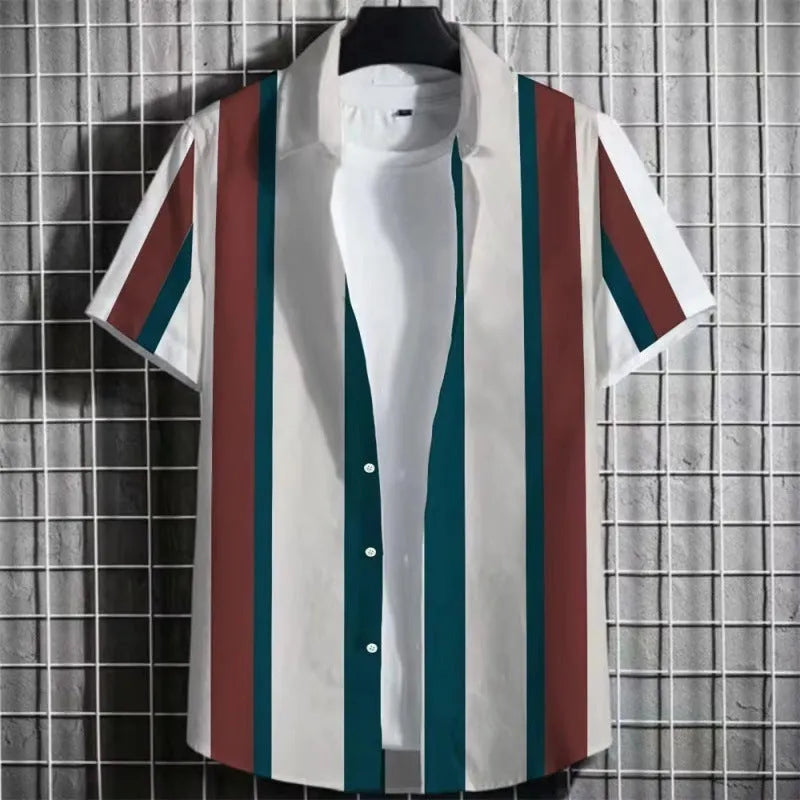 Man wearing a striped linen short-sleeve T-shirt with a 3D printed pattern.
