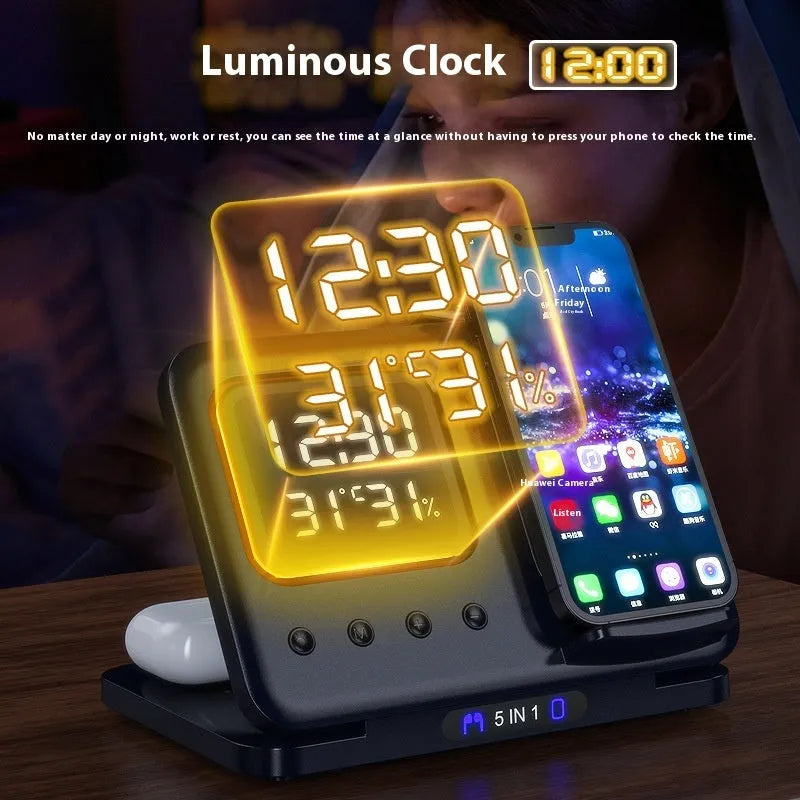 Black or white 5-in-1 wireless charging station with LED display showing time and temperature, charging phone and watch.
