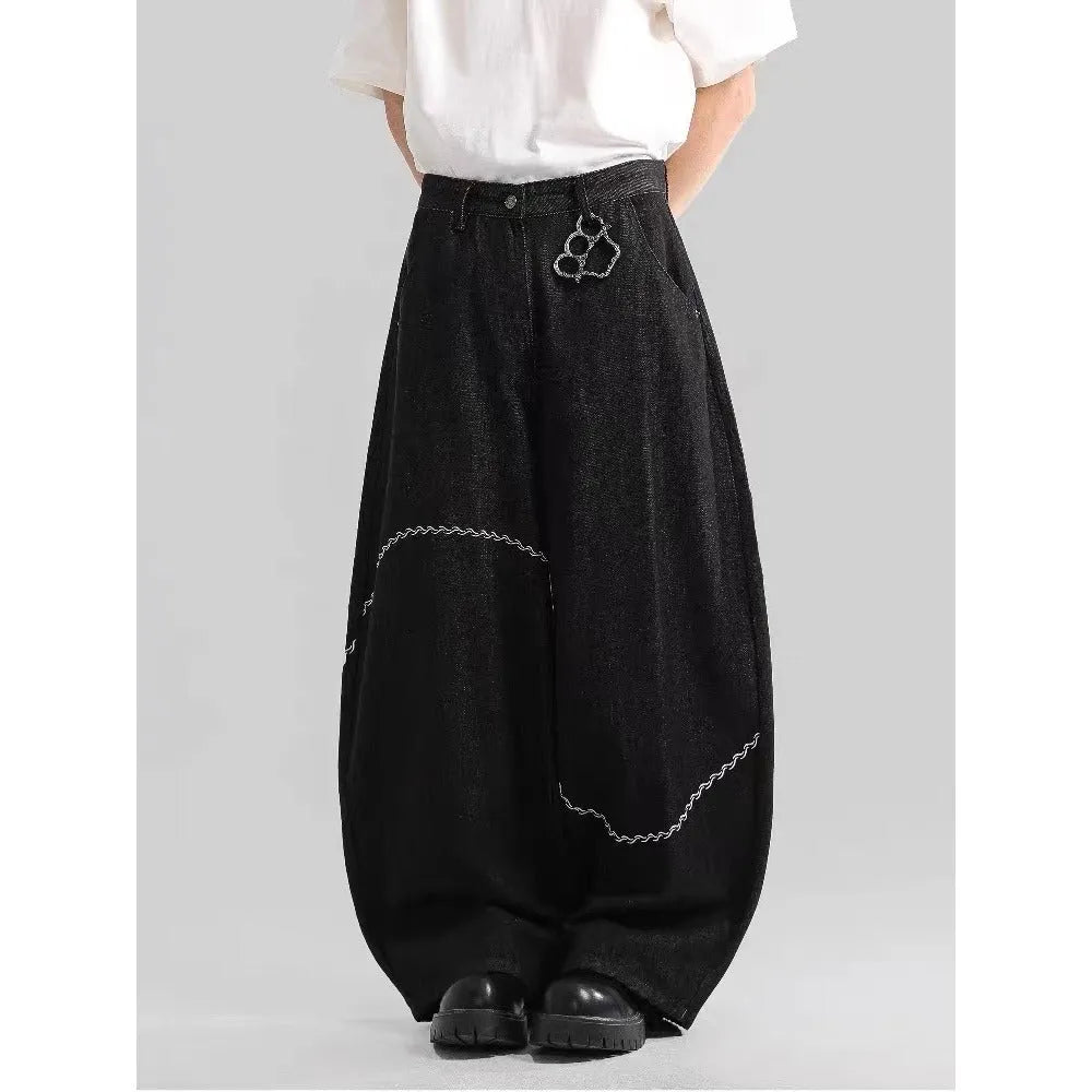 Black straight-leg polyester denim trousers with micro-elastic construction