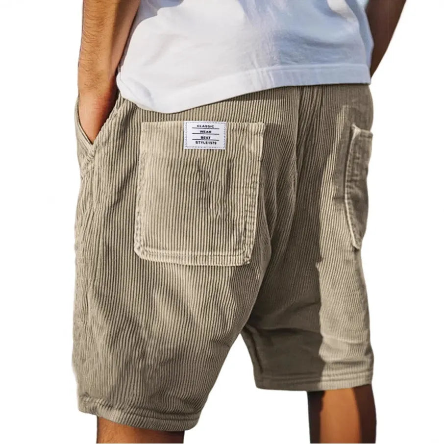 Men's straight-leg corduroy shorts with embroidery marks and multiple pockets in various colour options