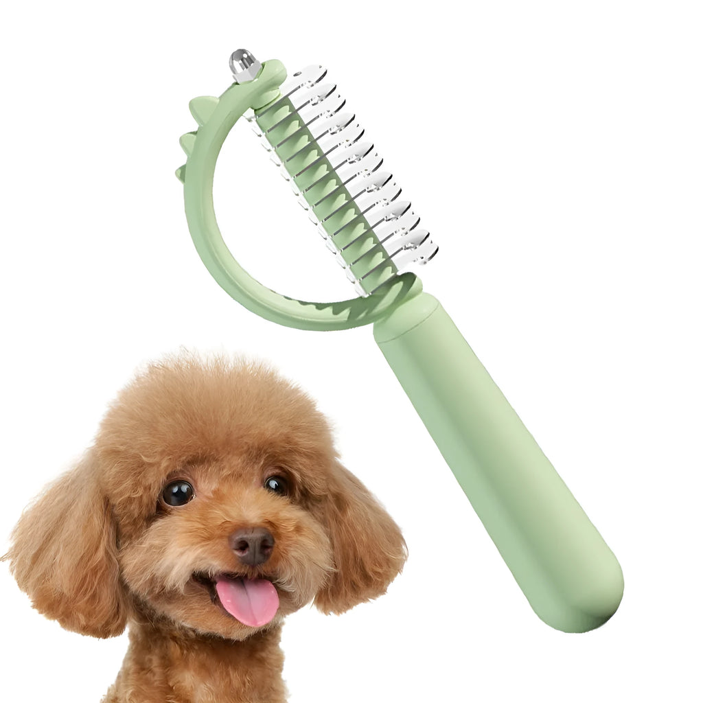 Blue dinosaur-shaped self-cleaning cat brush with double-sided grooming head