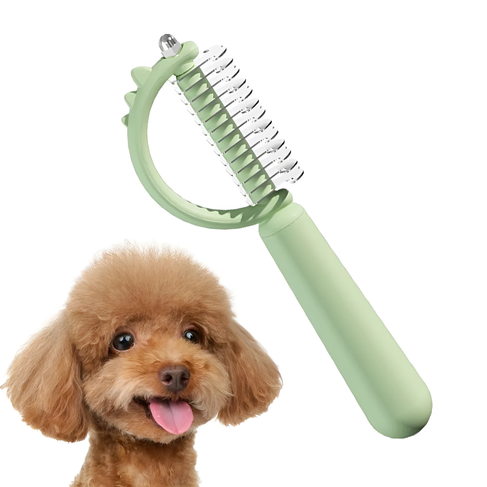 Blue dinosaur-shaped self-cleaning cat brush with double-sided grooming head
