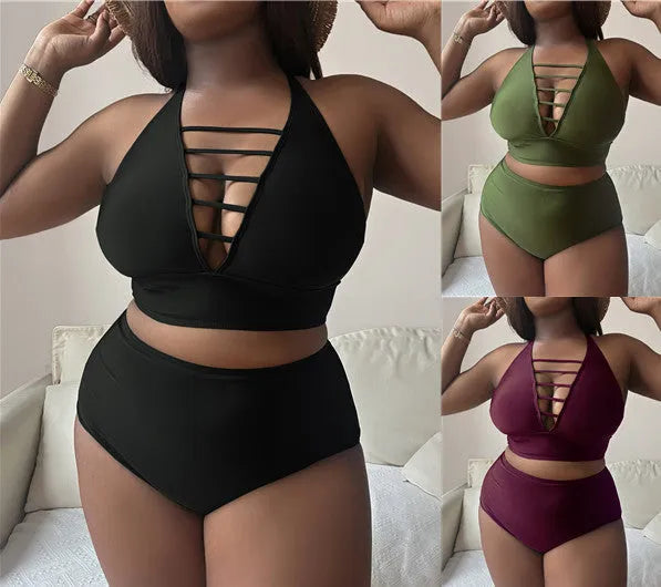 Plus size adjustable halter bikini with cross straps and high waist briefs in solid colour