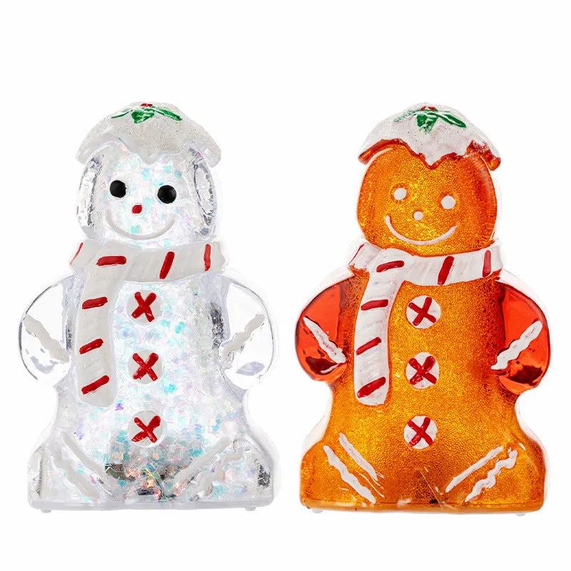 Glowing plastic gingerbread man Christmas ornament with LED light and a red scarf, modern simple style.