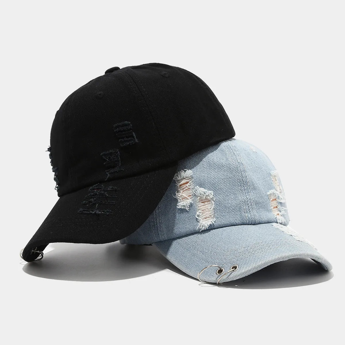 Men's adjustable denim peaked cap with dome crown in black, white, or light blue jeans colours