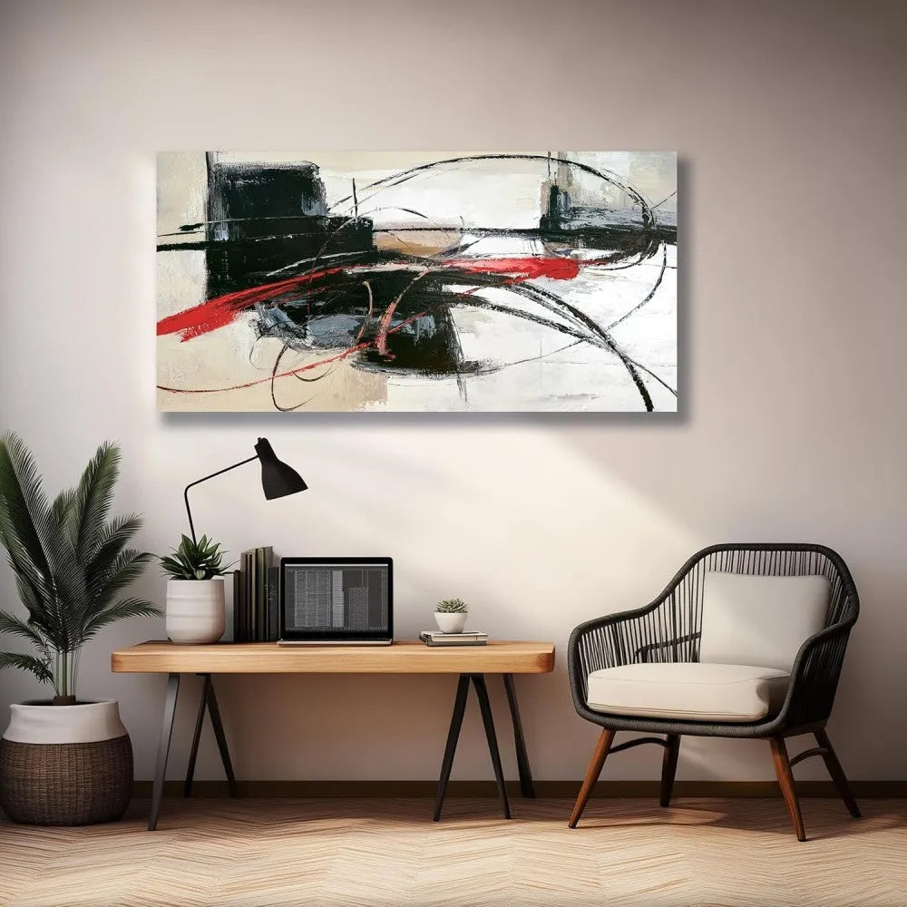 Handmade abstract oil painting on canvas, rolled and unframed, horizontal one-panel wall art