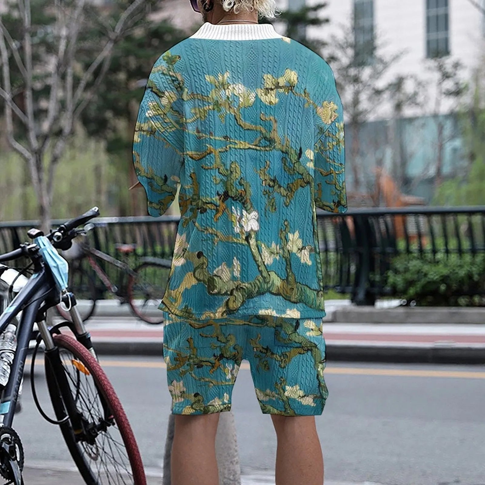 Men's peacock blue 3D printed knitted shorts suit with T-shirt top and mid-length trousers