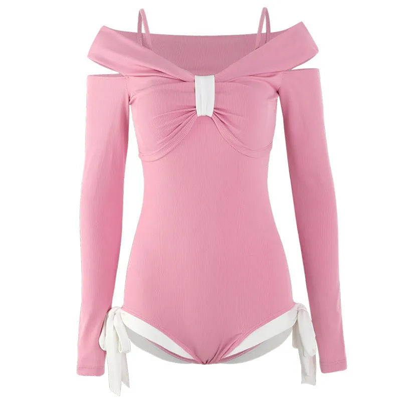 Women's long sleeve one-piece swimsuit in polyester available in pink or black colours