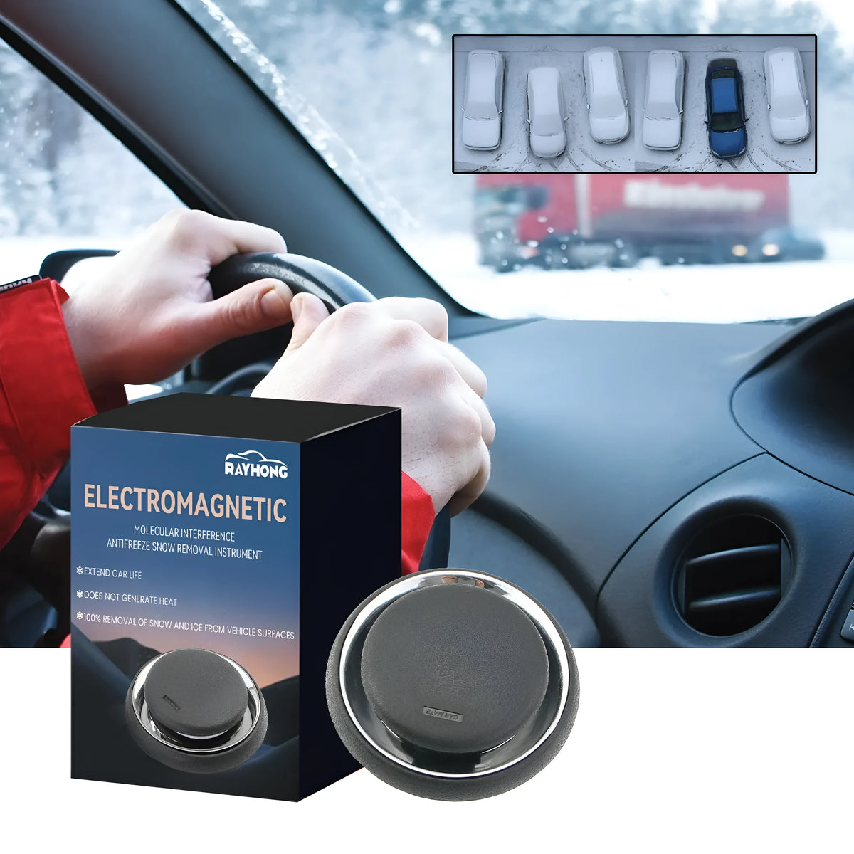 Black portable car deicing instrument for snow and frost removal on windscreens