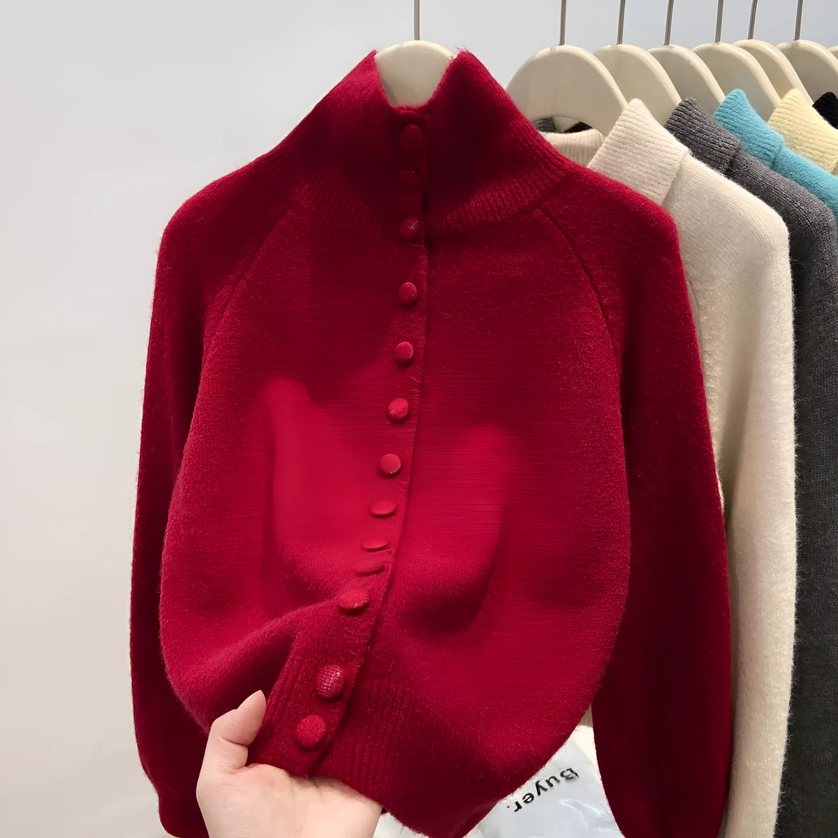Women's turtleneck cardigan, loose thick polyester knit sweater with button front, in red yellow gray apricot blue black