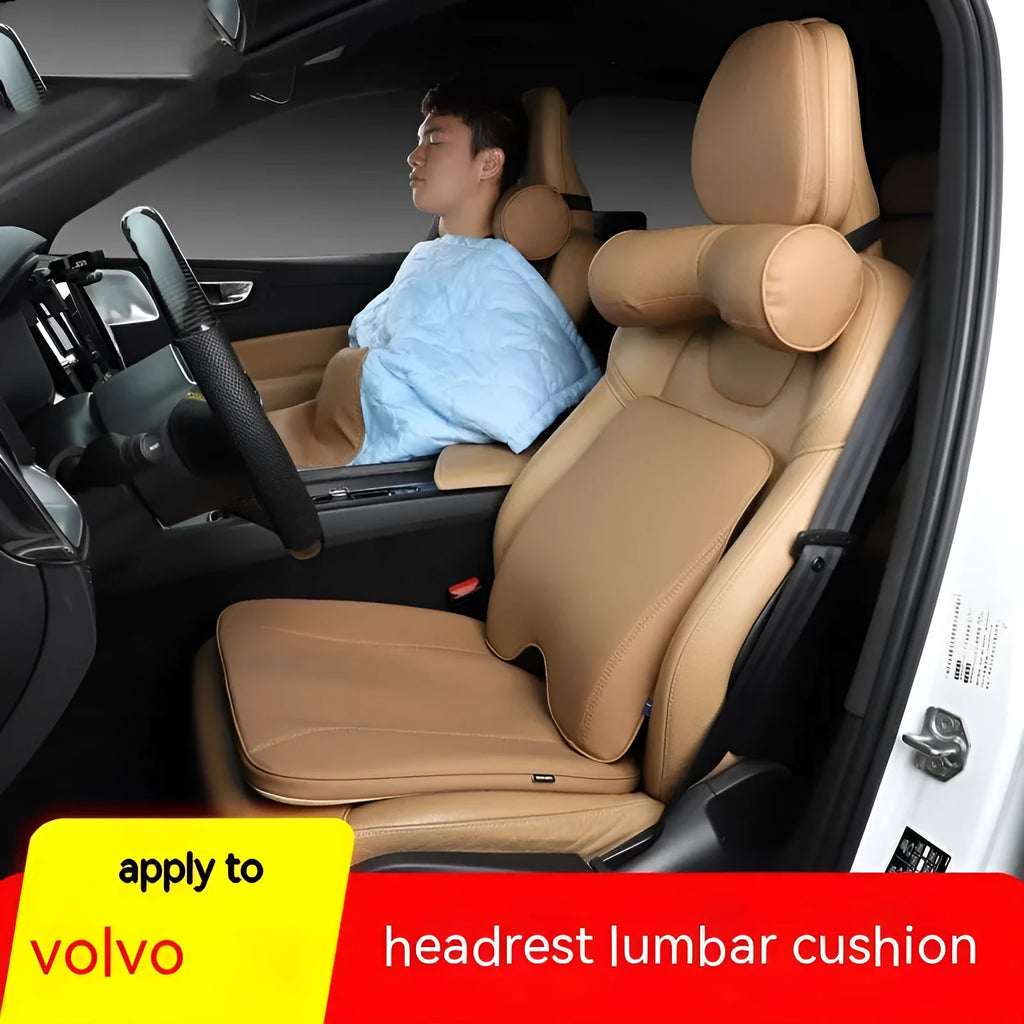 Volvo car headrest, neck pillow, and lumbar support cushion set in minimalist design.