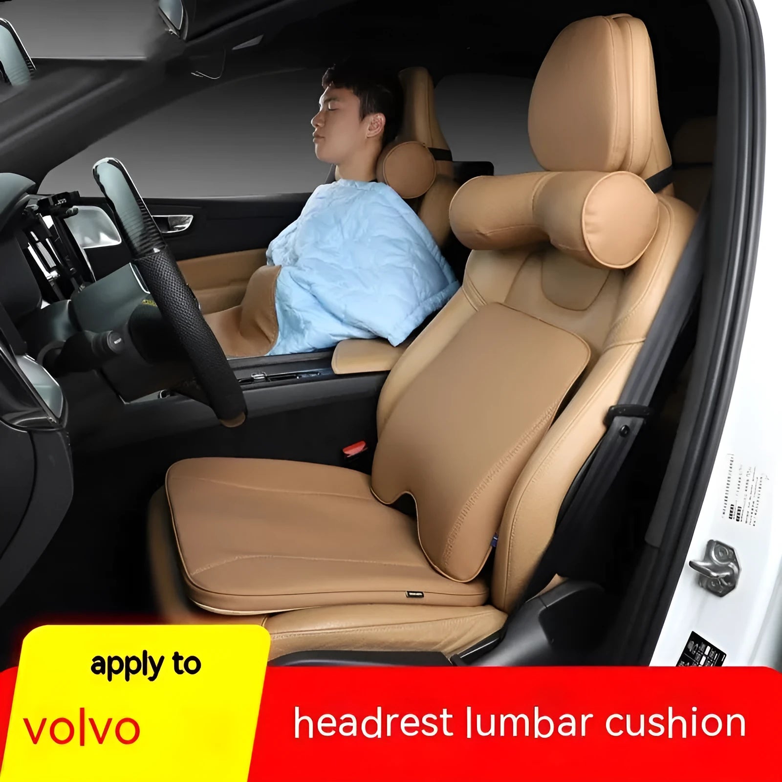 Volvo car headrest, neck pillow, and lumbar support cushion set in minimalist design.