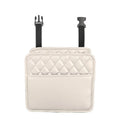 Leather hanging storage bag for car interior, shown in black, mounted on a car seat.