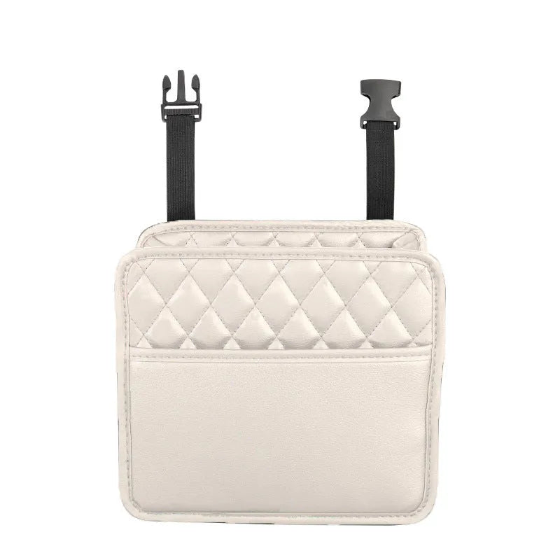 Leather hanging storage bag for car interior, shown in black, mounted on a car seat.