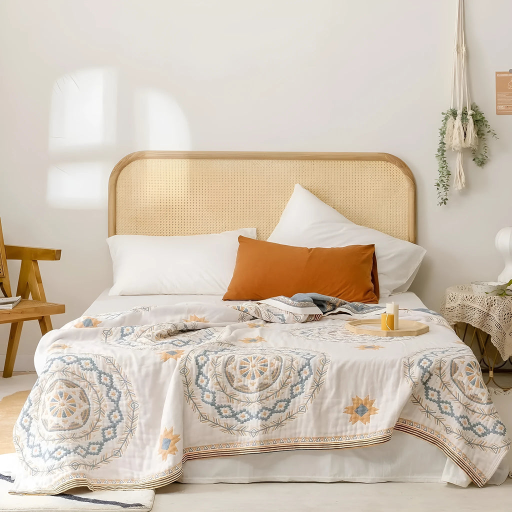Geometric pattern cotton towel blanket laid flat, showing modern simplicity design.