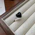 S925 sterling silver heart ring with black agate and adjustable opening