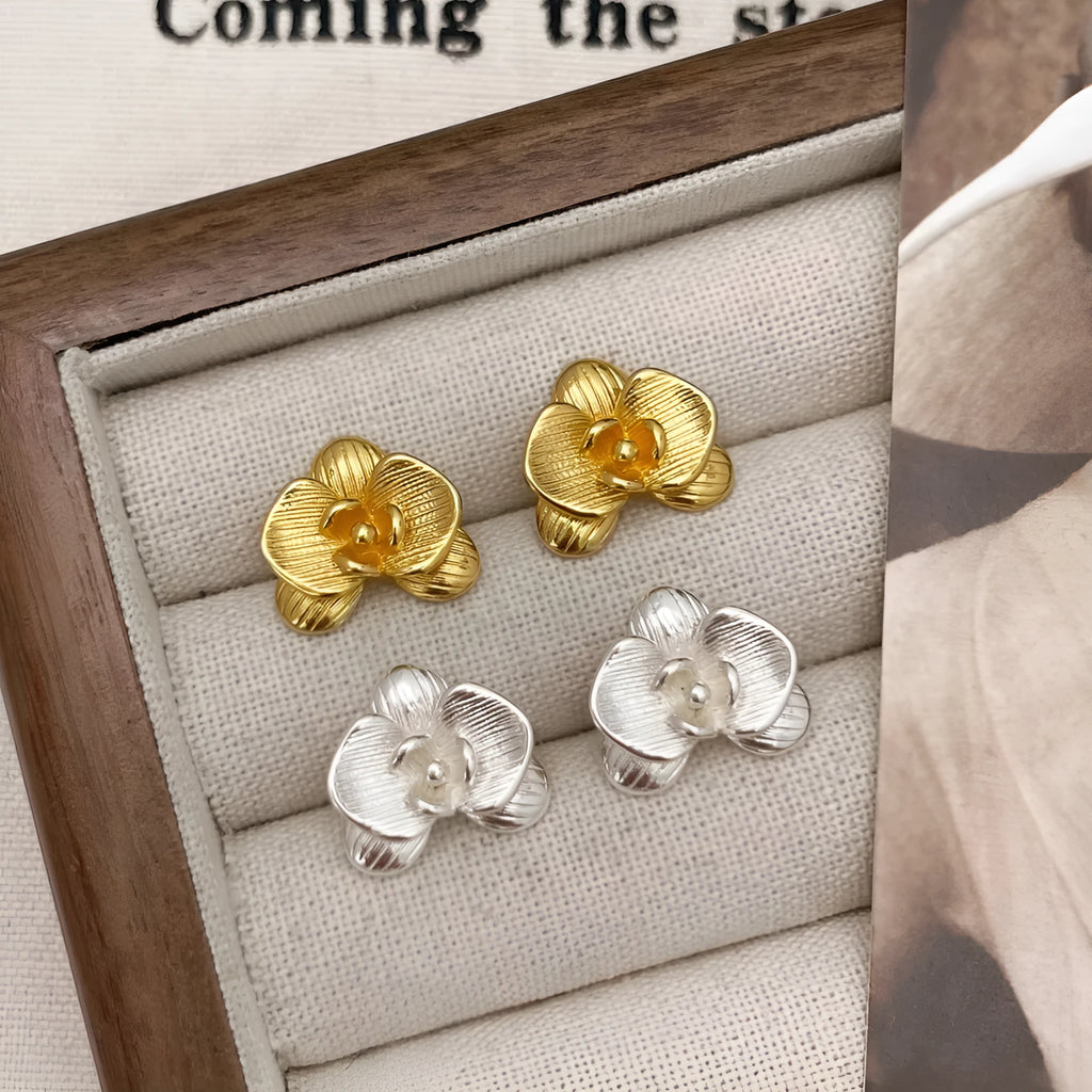Gold and silver flower earrings with copper base and petal design retro style women's jewellery